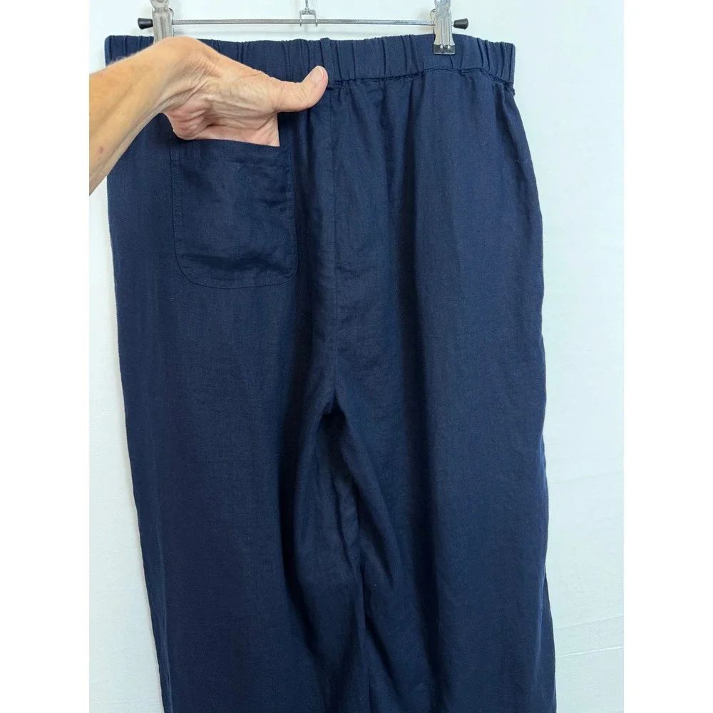 Quince Women 100% Linen Pants Size M Navy Blue Elastic Waist Tapered Trousers